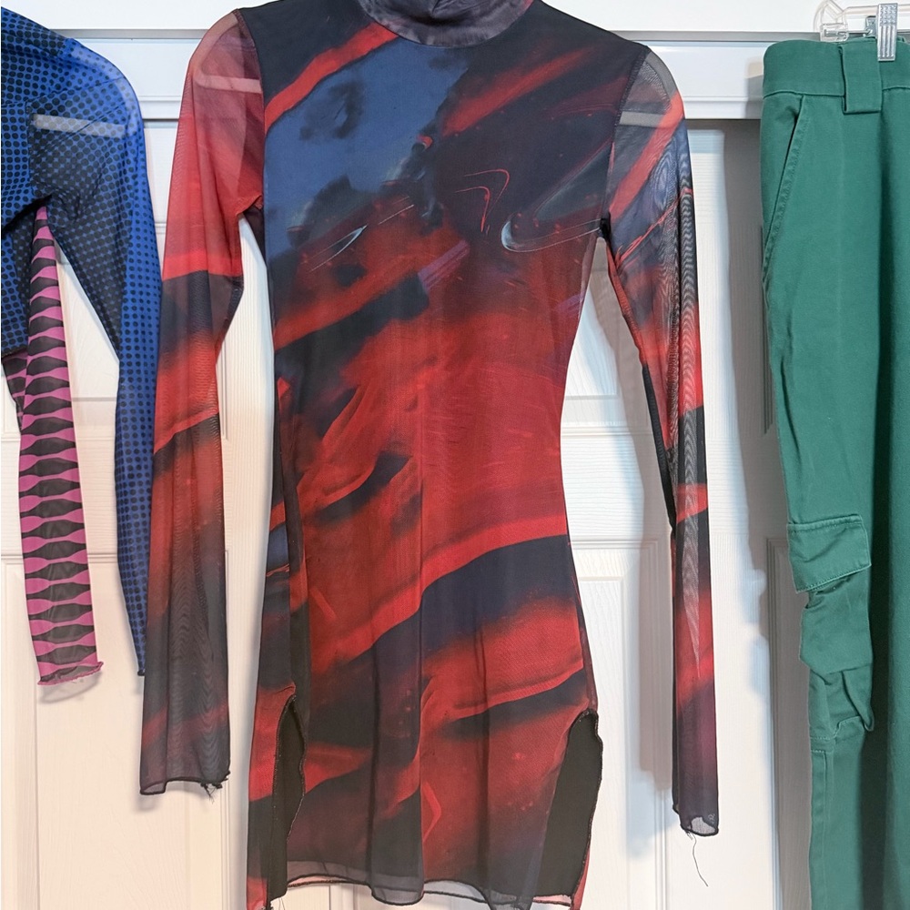 Edikted Sparks Fly Mock Neck Long Sleeve Mesh Minidress - Picture 2 of 5